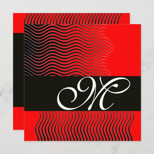 MONOGRAMM FÜR STYLISCH-WELLEN, schwarz-weiß, rot Einladung (Vorne/Hinten)