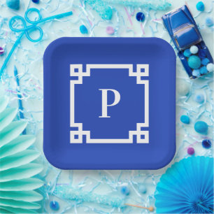 Monogramm für tiefe blaue und weiße griechische Sc Pappteller
