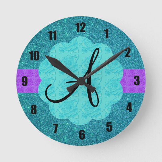 Monogramm für türkisfarbenen Glitzer Runde Wanduhr (Vorderseite)