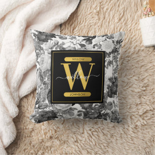 Monogramm für Vintage Blumen, Schwarz, Weiß und Go Kissen