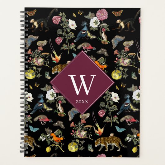 Monogramm für Vintage dunkle botanische Tiere Planer (Vorderseite)