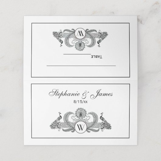 Monogramm für Vintage Peacocks Platzkarte (Außenseite Aufgefaltet)