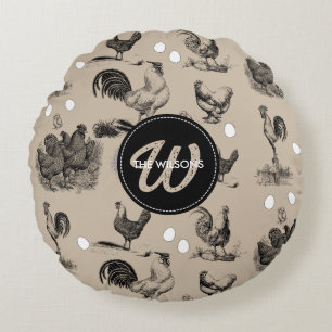 Monogramm für Vintages Hühnerroster Rundes Kissen
