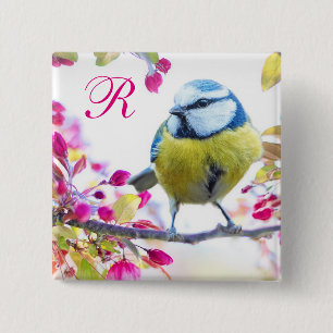 Monogramm für Vögel und Rosa Blüten Button