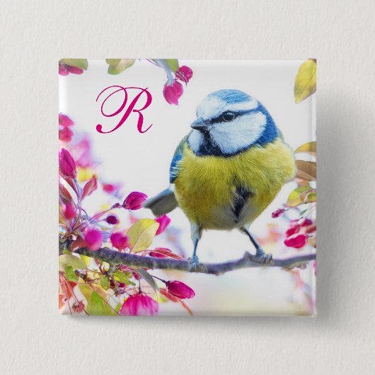 Monogramm für Vögel und Rosa Blüten Button (Vorderseite)