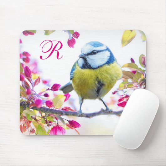 Monogramm für Vögel und Rosa Blüten Mousepad (Mit Mouse)