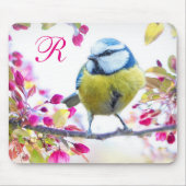 Monogramm für Vögel und Rosa Blüten Mousepad (Vorne)