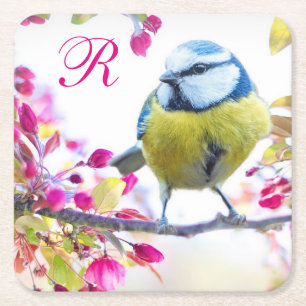 Monogramm für Vögel und Rosa Blüten Rechteckiger Pappuntersetzer