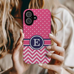 Monogramm für Zickzack, rosa und navy Preppy-Dots iPhone 16 Hülle