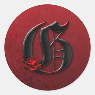 Monogramm-G-Aufkleber für Schwarz und Rote Rose Runder Aufkleber