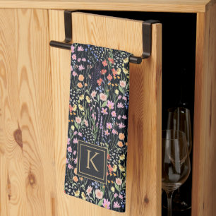 Monogramm-Garten Dunkler Hintergrund Wildblumen-Bl Geschirrtuch