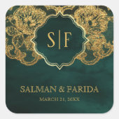 Monogramm-Gastgeschenk Hochzeit der grünen und gol Quadratischer Aufkleber (Vorderseite)