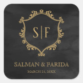 Monogramm-Gastgeschenk Hochzeit für das Black-Gold Quadratischer Aufkleber (Vorderseite)