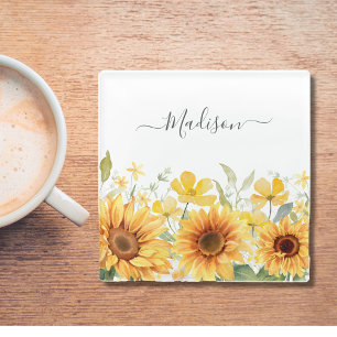 Monogramm Gelbe Blume Sonnenblume Floral Botanisch Glasuntersetzer