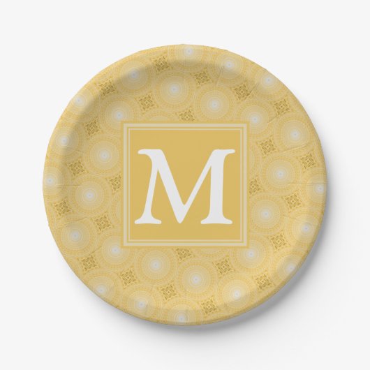 Monogramm-gelbe Kreismuster Pappteller (Vorderseite)