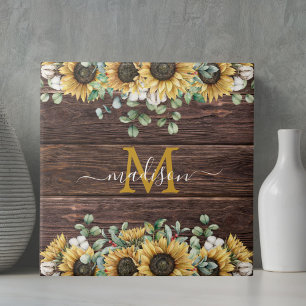 Monogramm Gelbe Sonnenblume Eukalyptus Braunes Hol Fliese