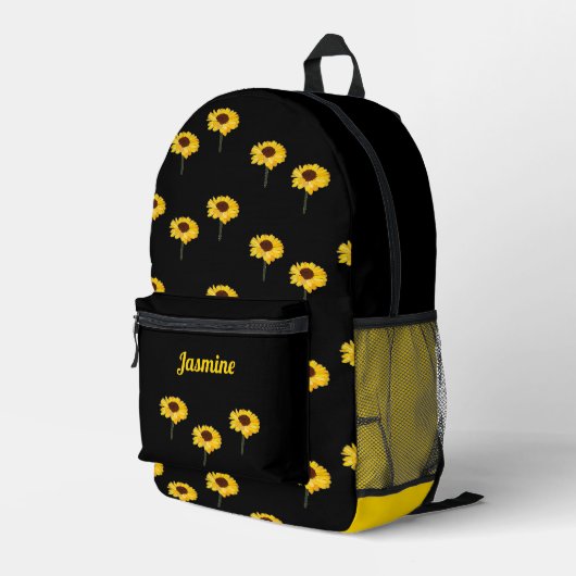 Monogramm gelbe Sonnenblumen auf schwarz Bedruckter Rucksack (Rückseitige Ecke Rechts)