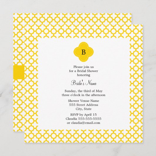 Monogramm Gelbes Quatrefolienmuster-Brautparty Einladung (Vorne/Hinten)