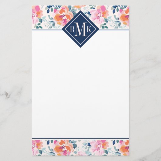 Monogramm-| gemaltes Rosen-Muster Briefpapier (Vorderseite)