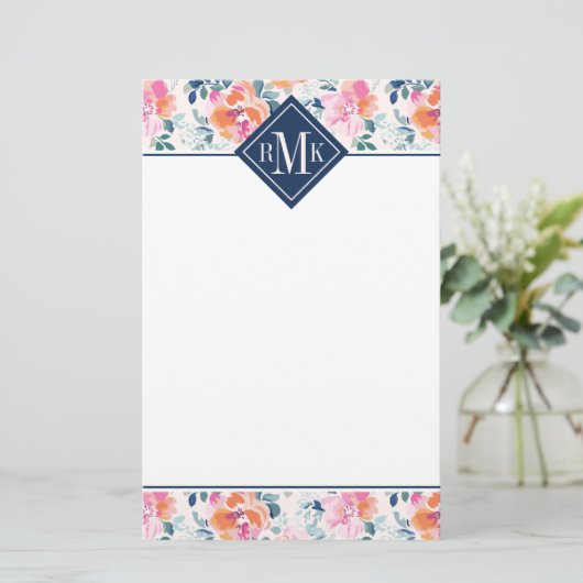 Monogramm-| gemaltes Rosen-Muster Briefpapier (Stehend Vorderseite)