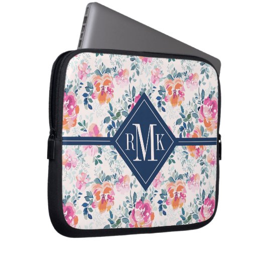 Monogramm-| gemaltes Rosen-Muster Laptopschutzhülle (Vorne Rechts)