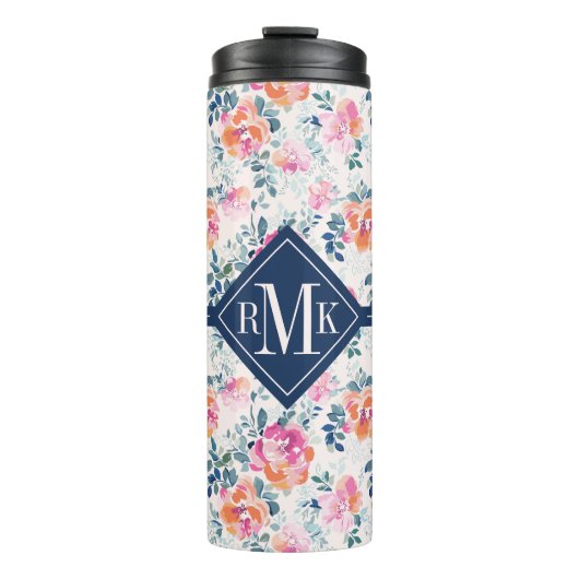 Monogramm-| gemaltes Rosen-Muster Thermosbecher (Vorderseite)