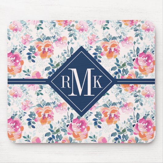 Monogramm | Gemaltes Rosenmuster Mousepad (Vorne)