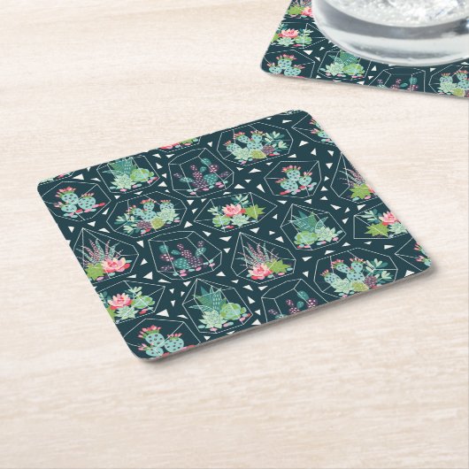 Monogramm| geometrisches Succulents-Muster Rechteckiger Pappuntersetzer (angewinkelt)