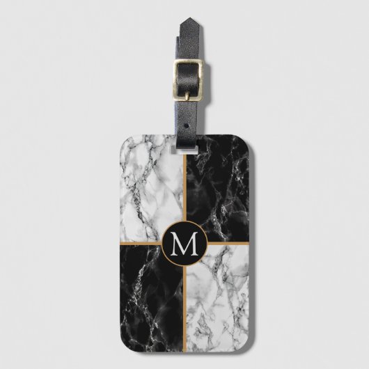Monogramm Gepäckanhänger Schwarz-weißer Karo Marmo (Vorderseite Vertikal)