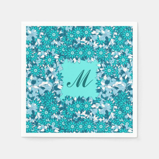 Monogramm gerahmt mit Blume - blau und weiß Serviette (Vorderseite)