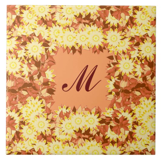 Monogramm gerahmt mit Blume - Kakao und Gelb Fliese (Vorderseite)