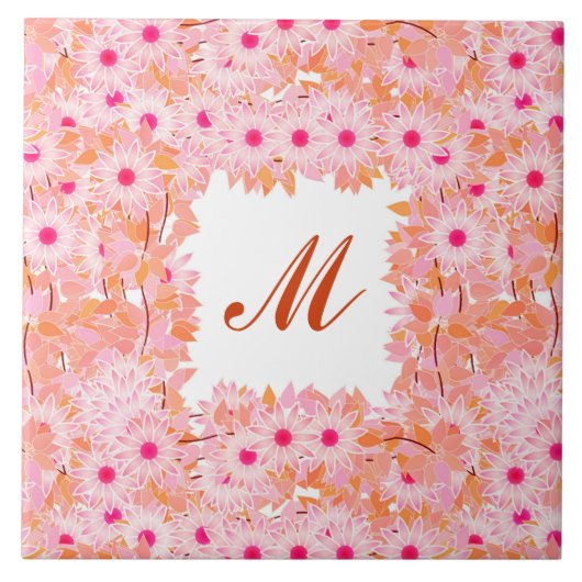 Monogramm gerahmt mit Blume - rosa und pfirsichfar Fliese (Vorderseite)