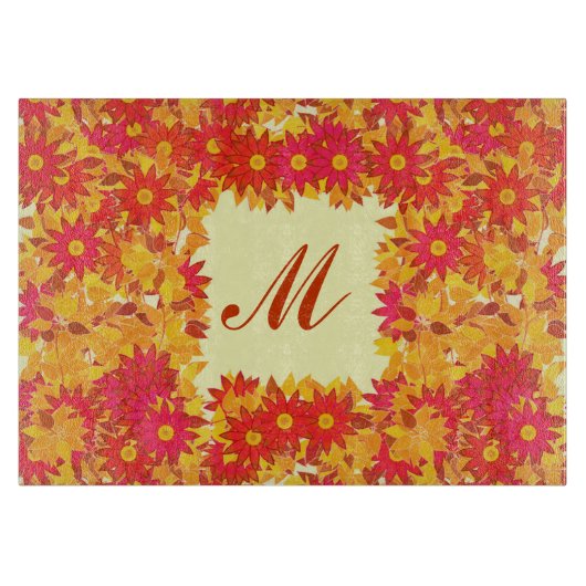 Monogramm gerahmt mit Blume - rot und gold Schneidebrett (Vorderseite)