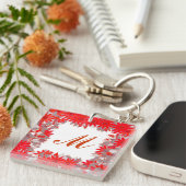 Monogramm gerahmt mit Blume - rot und grau Schlüsselanhänger (Vorderseite rechts)