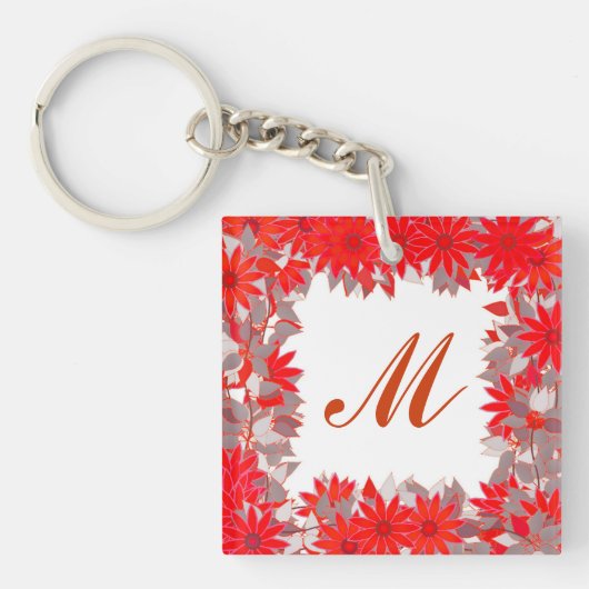 Monogramm gerahmt mit Blume - rot und grau Schlüsselanhänger (Vorderseite)