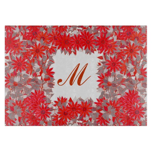 Monogramm gerahmt mit Blume - rot und grau Schneidebrett (Vorderseite)