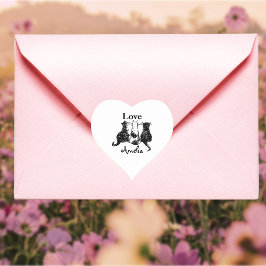 Monogramm Gesendet mit Liebe Schwarz-weiße Katze Herz-Aufkleber