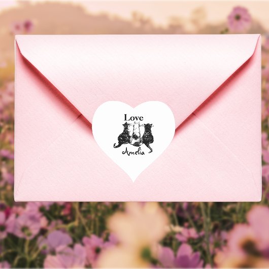 Monogramm Gesendet mit Liebe Schwarz-weiße Katze Herz-Aufkleber
