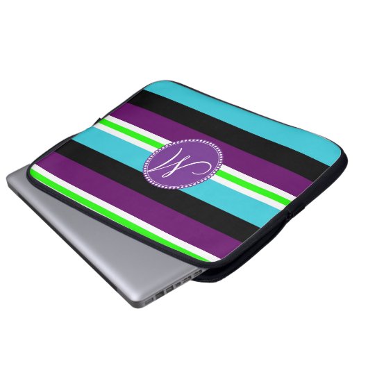 Monogramm-gestreiftes Muster-lila aquamarines Laptopschutzhülle (Vorne Knopf)