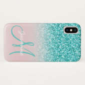 Monogramm-Girly aquamarines Glitzer-Namensrosa Case-Mate iPhone Hülle (Rückseite (Horizontal))