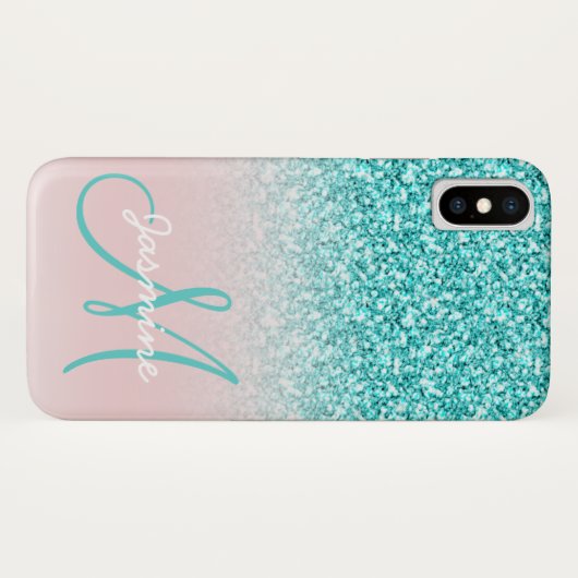 Monogramm-Girly aquamarines Glitzer-Namensrosa Case-Mate iPhone Hülle (Rückseite (Horizontal))