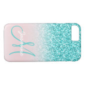 Monogramm-Girly aquamarines Glitzer-Namensrosa Case-Mate iPhone Hülle (Rückseite (Horizontal))