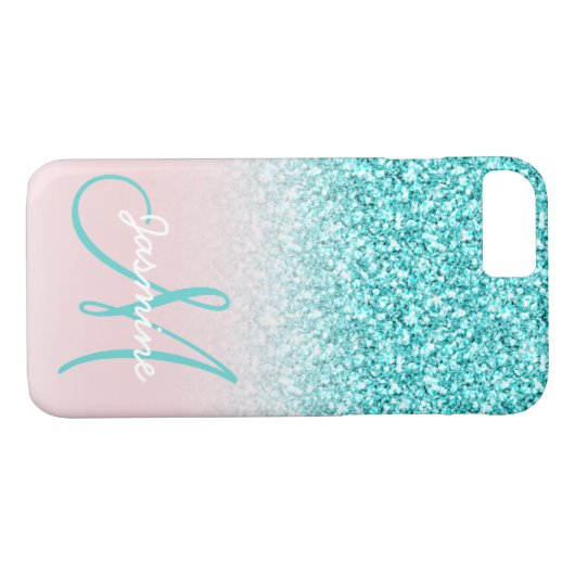 Monogramm-Girly aquamarines Glitzer-Namensrosa Case-Mate iPhone Hülle (Rückseite (Horizontal))