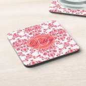 Monogramm-Girly rosa und weißer Damast Untersetzer (Linke Seite)