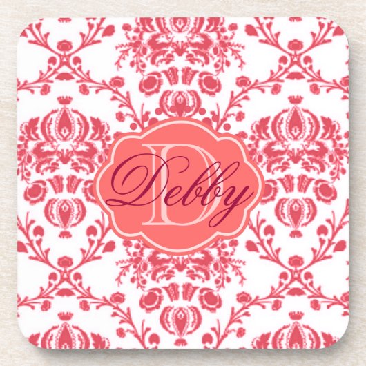 Monogramm-Girly rosa und weißer Damast Untersetzer (Vorderseite)