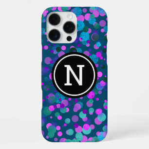 Monogramm glänzende blaue lila Konfetti-Punkte auf iPhone 16 Pro Max Hülle