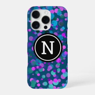 Monogramm glänzende blaue lila Konfetti-Punkte auf iPhone 16 Pro Hülle