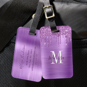 Monogramm Glitter-Tropf Metall Gebürstet Violett Gepäckanhänger