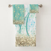 Monogramm-Glitterie-Blume auf Aquamarinen Badhandtuch Set (Insitu)