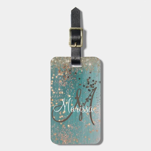 Monogramm Glitzer Stars auf Aquamarinen Personalis Gepäckanhänger (Vorderseite vertikal)